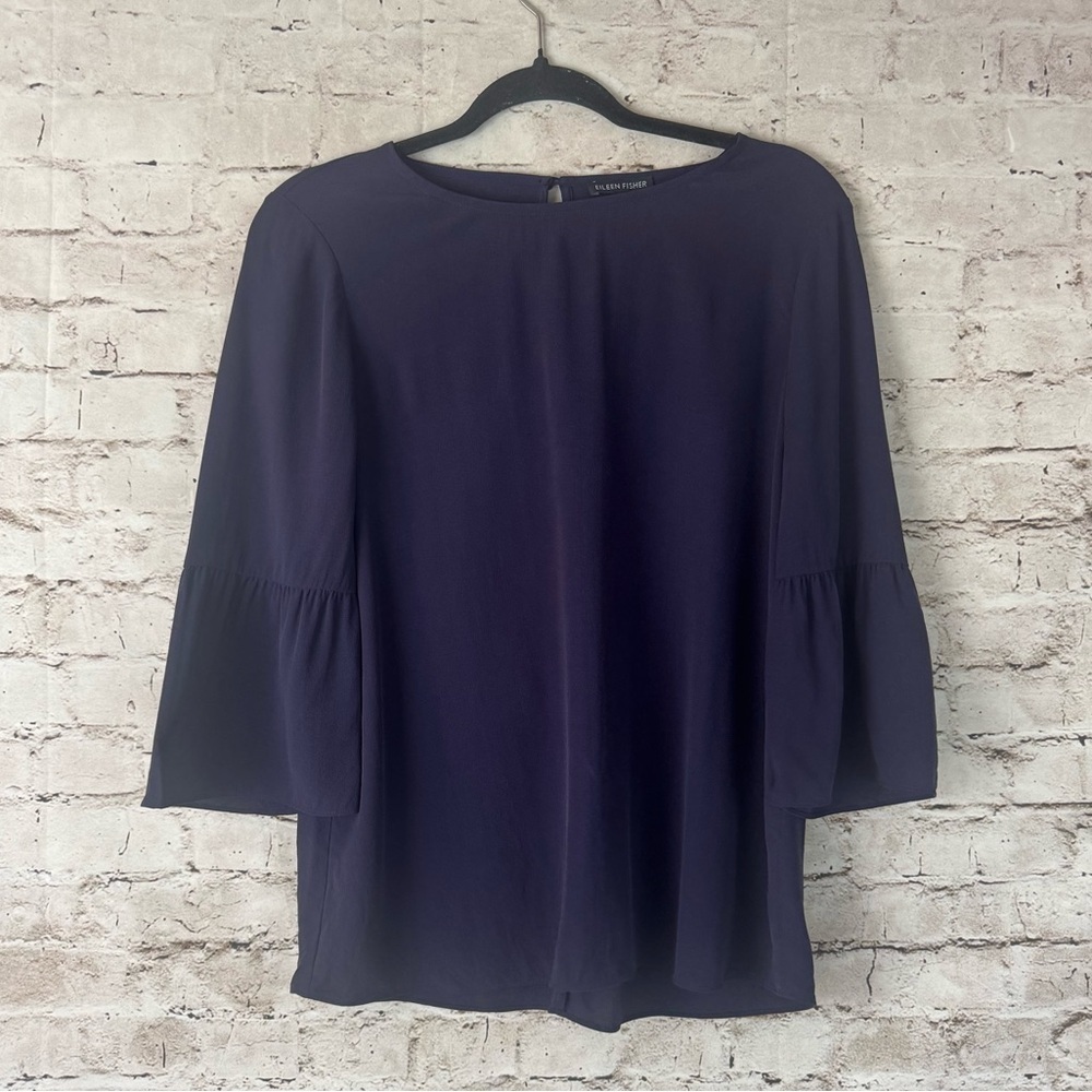 Eileen Fisher Women's XS Georgette Crepe Blouse 3/4 Bell Sleeve 100% Silk Purple